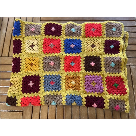 Granny Square Afghan Throw Blanket Gold Red Brown Blue Orange Handmade Vintage